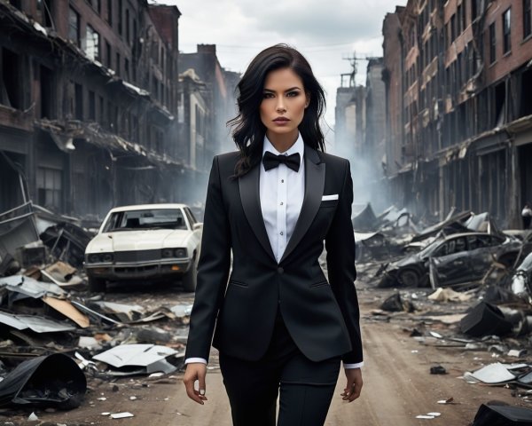 Confident Woman in Black Tuxedo Amid Urban Ruins