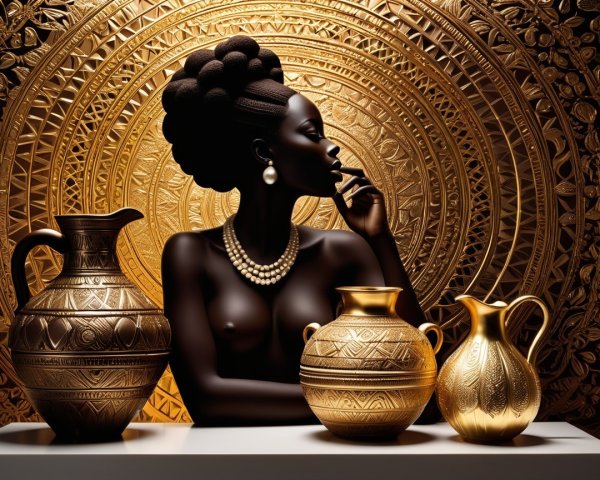 Silhouette of a Woman with Jewelry Against Golden Background