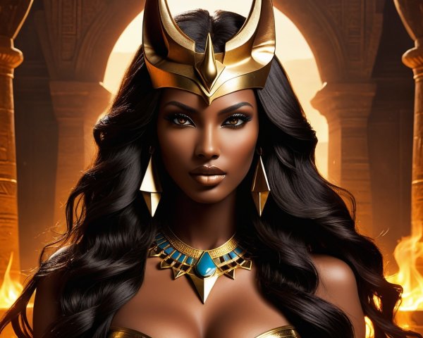 Regal figure with crown and jewelry in dramatic setting