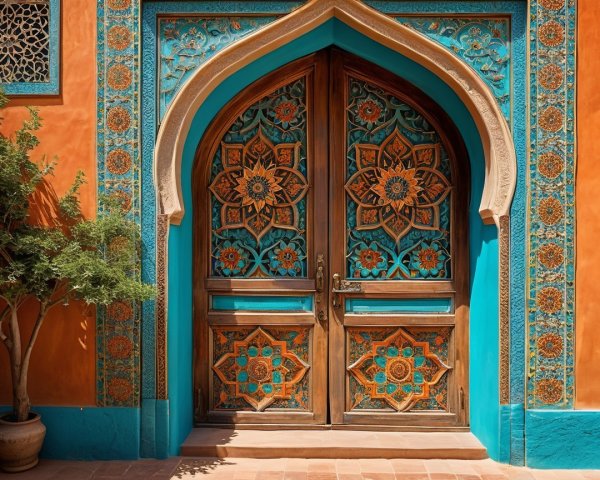 Intricate Carved Wooden Door with Vibrant Accents