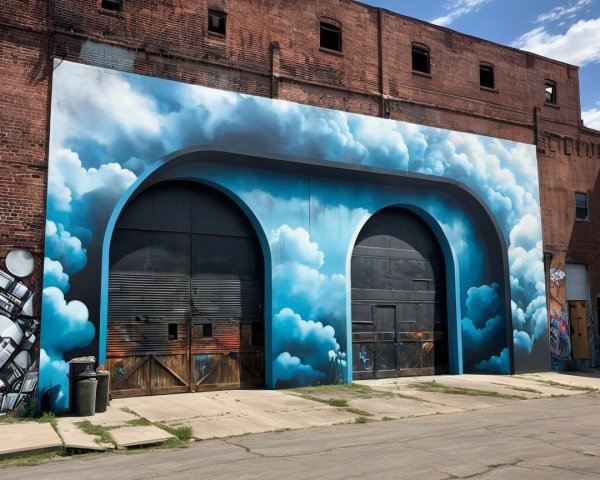Vibrant Mural of Sky and Rustic Doors on Brick Building
