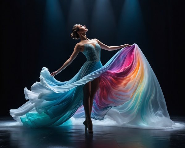 Elegant Dancer in Rainbow Gown on Stage