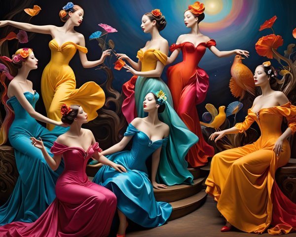 Vibrant Scene of Women in Colorful Gowns and Butterflies