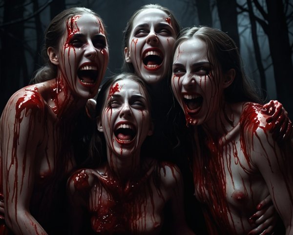 Dark Forest with Crimson Figures in Sinister Laughter
