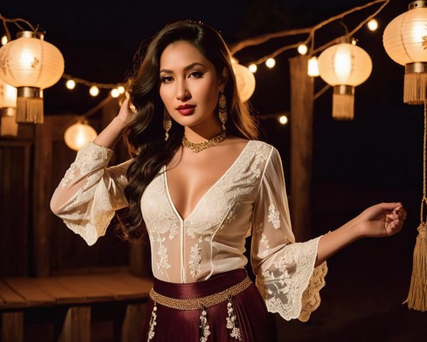 Elegant Woman in Sheer Blouse and Flowing Skirt