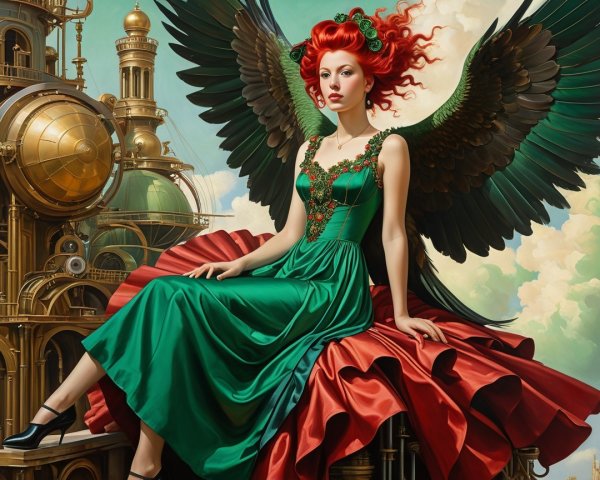 Vibrant Green Dress with Steampunk Background and Wings