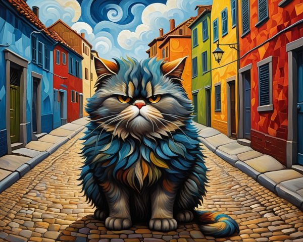 Vibrant Illustration of a Fluffy Cat in a Whimsical Setting