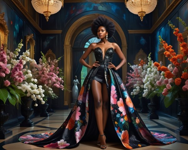 Fashion Model in Elegant Gown in Lavish Room