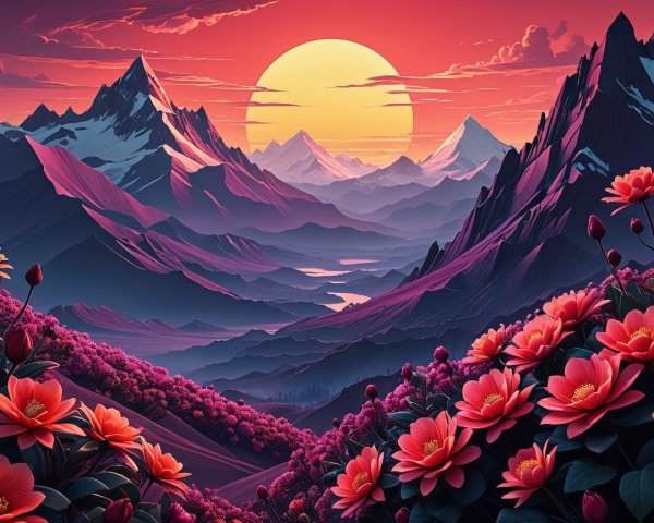 Sunset Landscape with Mountains and Vibrant Flowers