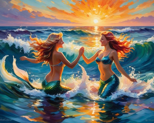 Mermaids Splashing in Vibrant Ocean Waves at Sunset