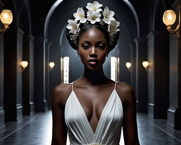 Elegant woman in white gown in grand hall setting