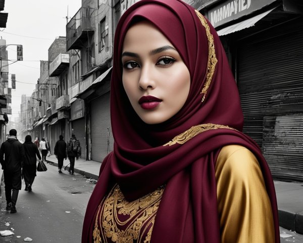 Young Woman in Burgundy Hijab on Bustling Street