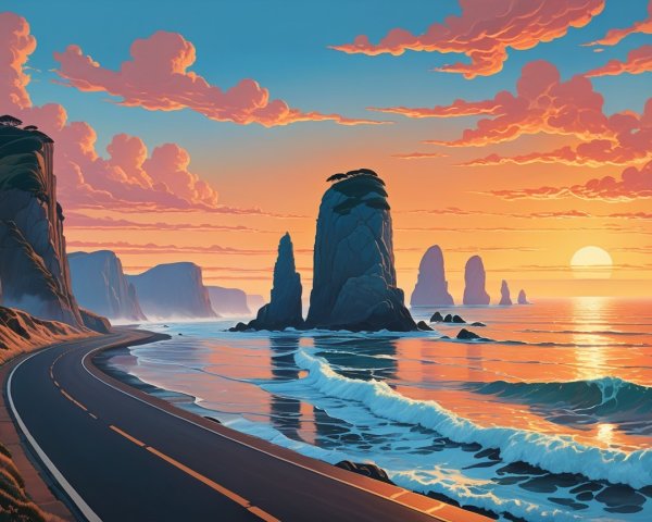 Scenic Sunset Coastline with Winding Ocean Road
