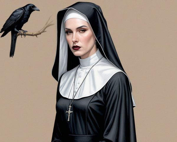 Nun in Traditional Attire with Raven in Somber Scene