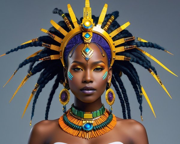 Portrait of a Woman with Vibrant Headdress and Makeup