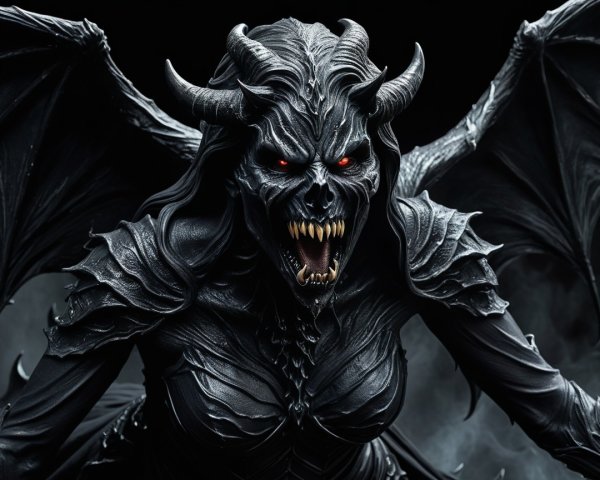 Menacing Dark Figure with Red Eyes and Bat Wings