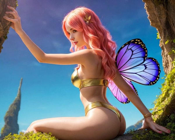 Graceful figure with pink hair in vibrant landscape