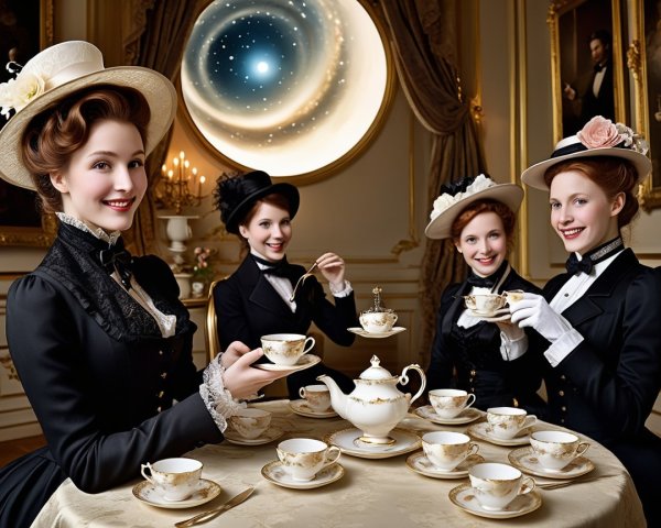 Victorian Tea Gathering with Elegantly Dressed Women