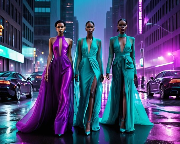 Models in Gowns on Neon-Lit Rainy City Street