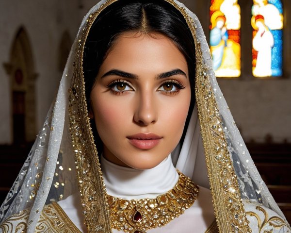 Young woman in traditional outfit with stained glass backdrop