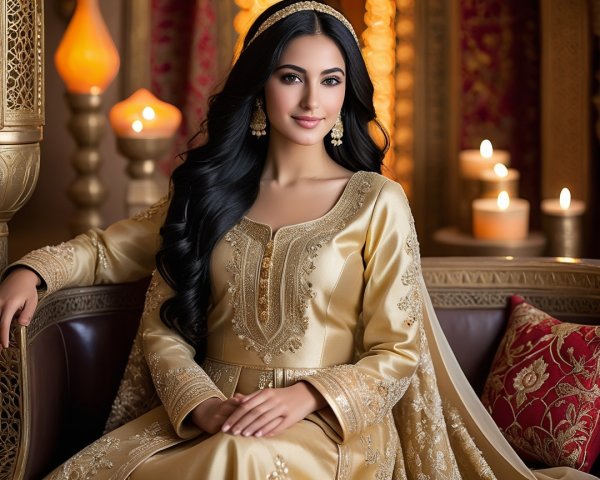 Young woman in golden attire on ornate sofa