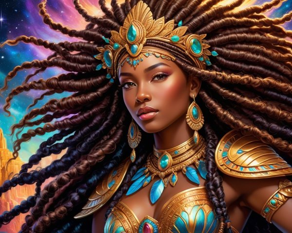 Regal woman with golden crown and cosmic background