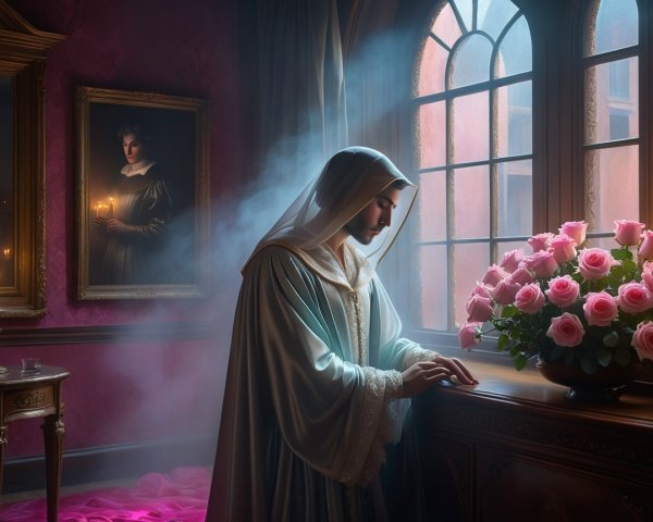 Serene Interior with Soft Light and Thoughtful Figure