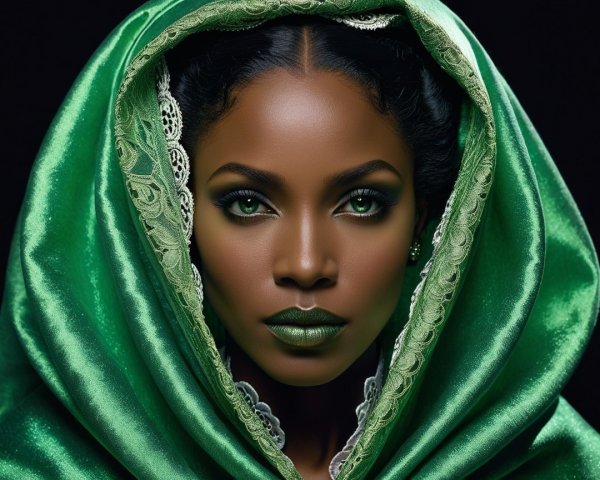 Portrait of a Woman in a Green Hood with Lace Details