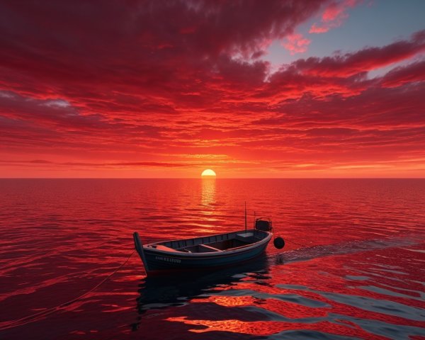 Small Boat Anchored in Calm Waters at Sunset