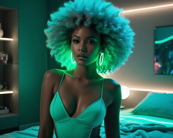 Confident Woman in Mint-Green Swimsuit and Modern Decor