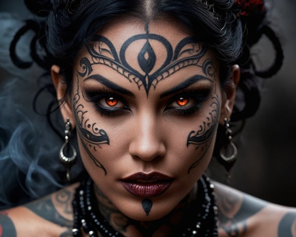 Portrait of a Woman with Tribal Tattoos and Jewelry