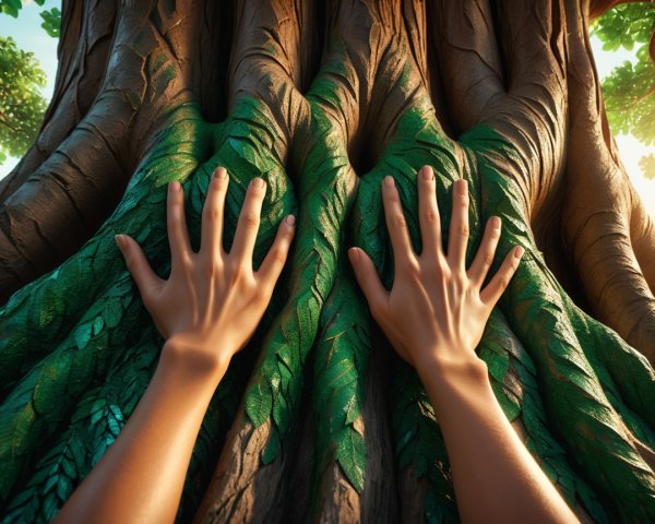 Close-up of a textured tree trunk with green leaves