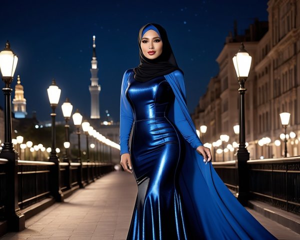 Woman in Blue Evening Gown on Nighttime Street