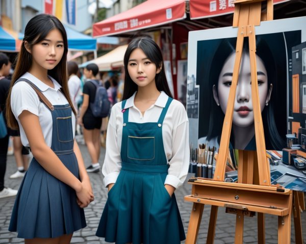 Vibrant Street Market with Portrait and Stylish Attire