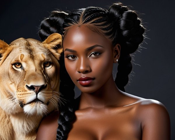 Portrait of a Young Woman with a Lion in a Dark Setting