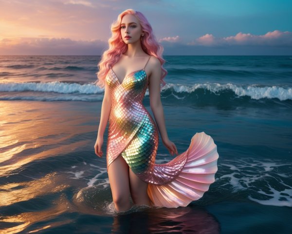 Mermaid in Iridescent Dress at Sunset by the Waves