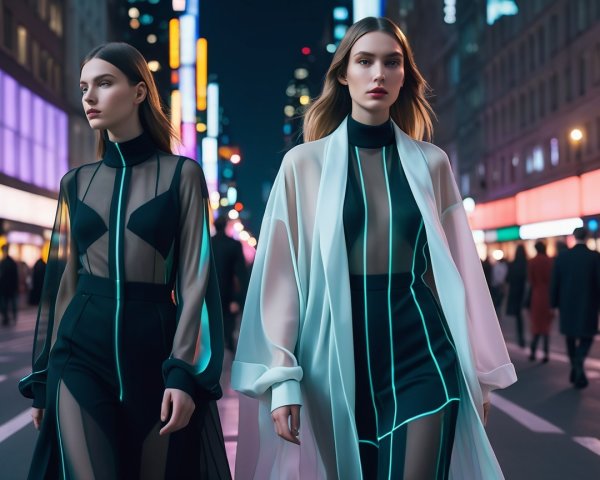 Models in Futuristic Outfits on a Neon-lit Street