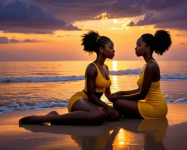 Women in Yellow Outfits at Sunset Beach Conversation