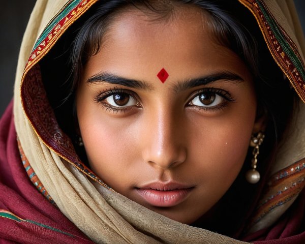 Young girl with dark eyes and patterned scarf