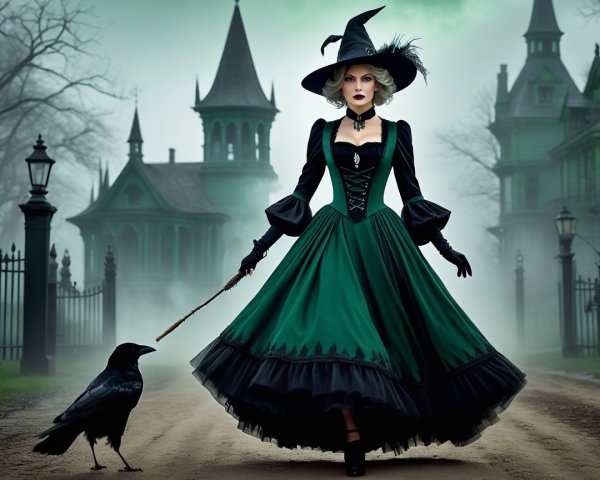 Mysterious Figure in Green Gown on Foggy Path