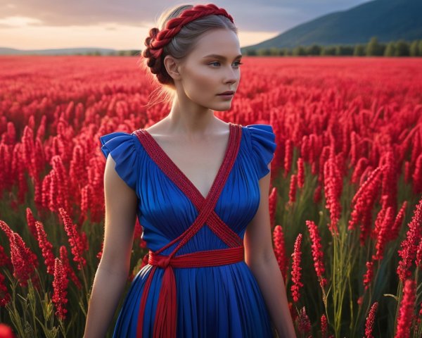 Woman in Blue Dress Surrounded by Red Flowers