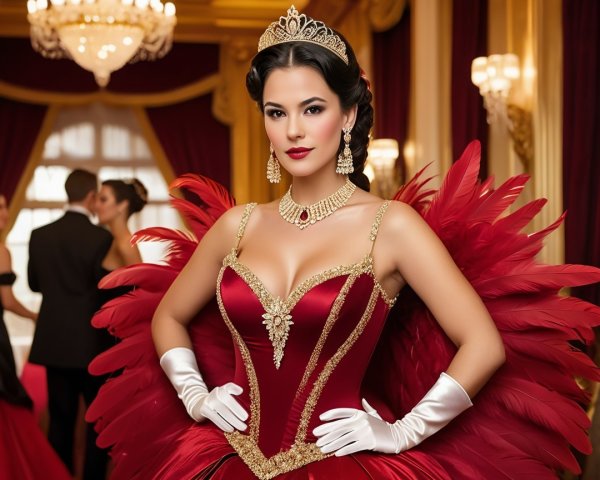 Glamorous Woman in Opulent Ballroom with Red Gown
