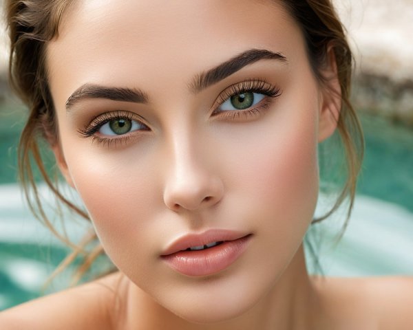 Close-up of a young woman with green eyes and natural makeup