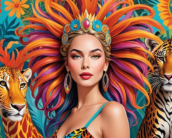 Striking Woman with Multicolored Hair and Tigers