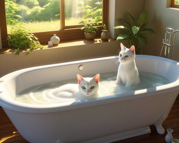 Fluffy White Cats Play in Sunlit Bathtub Scene