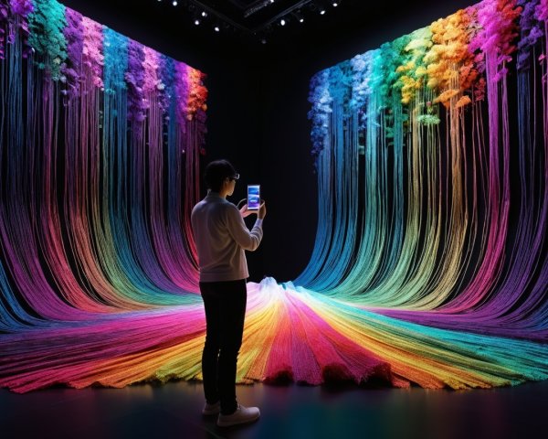 Vibrant Art Installation with Colorful Strings in Dark Room