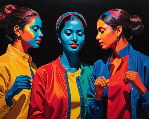 Three Stylized Women with Colorful Palettes on Black