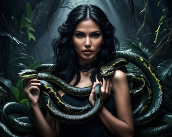 Woman with Snakes in Mystical Jungle Setting