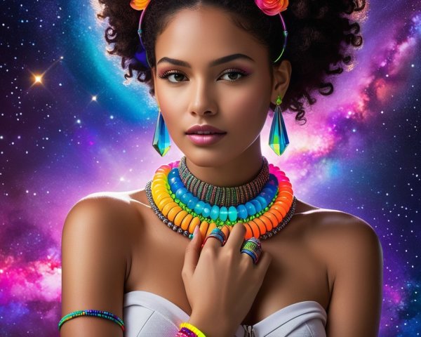 Young Woman with Colorful Jewelry in Cosmic Setting