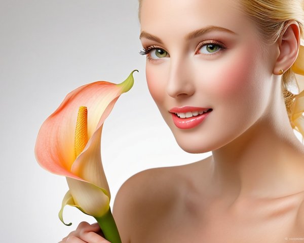 Young woman with green eyes and peach flower portrait